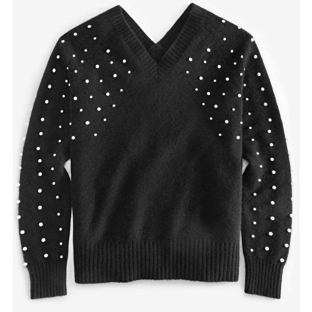 100% Cashmere with tag Women's Petite -Pearl Double V-Neck Sweater,S